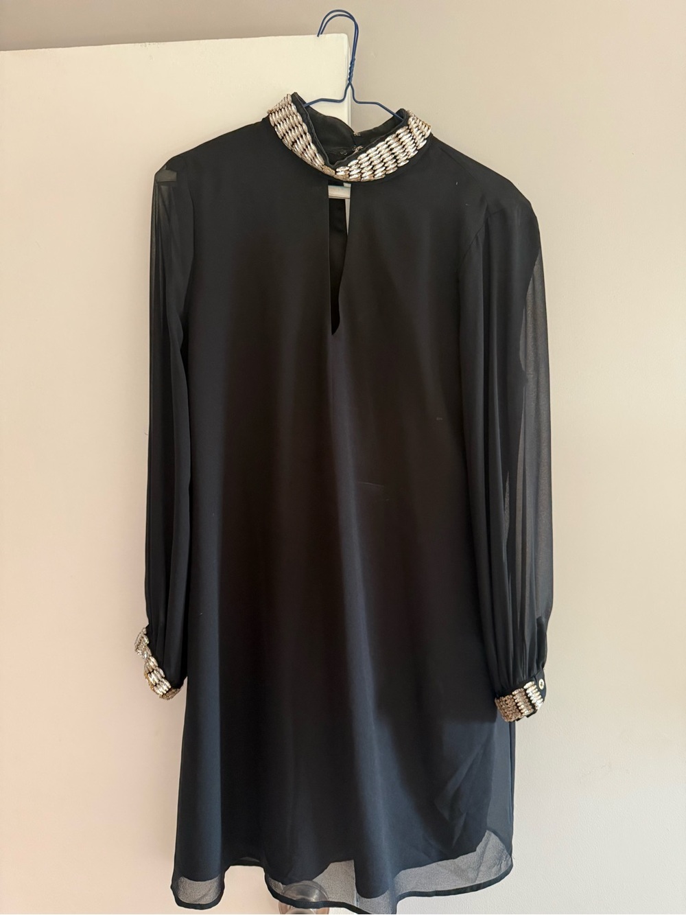 Marciano Guess Black Long-Sleeve Shift Dress with Beaded Collar